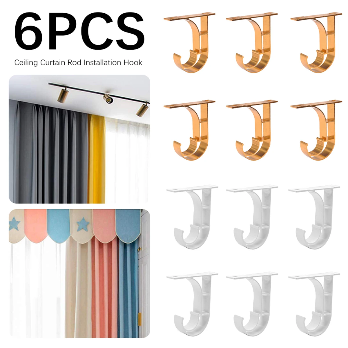 

6Pcs Curtain Rod Bracket Decorative Curtain Rod Holder Aluminum Alloy Drapery Rod Hooks Hanger Support Bracket Fit for 25-28mm D
