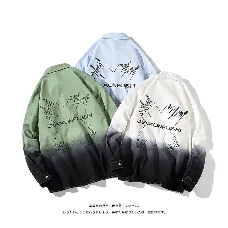 100% Cotton Men's Clothing Shirt Oversized Loose Young Fashion Gradient with Long Sleeve Shirt Casual Printed Shirt