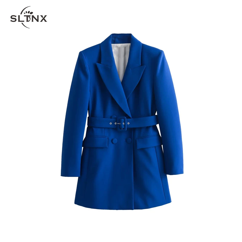 

Женские Длинные блейзеры SLTNX, синие двубортные блейзеры с поясом, элегантные стильные костюмы, женская одежда