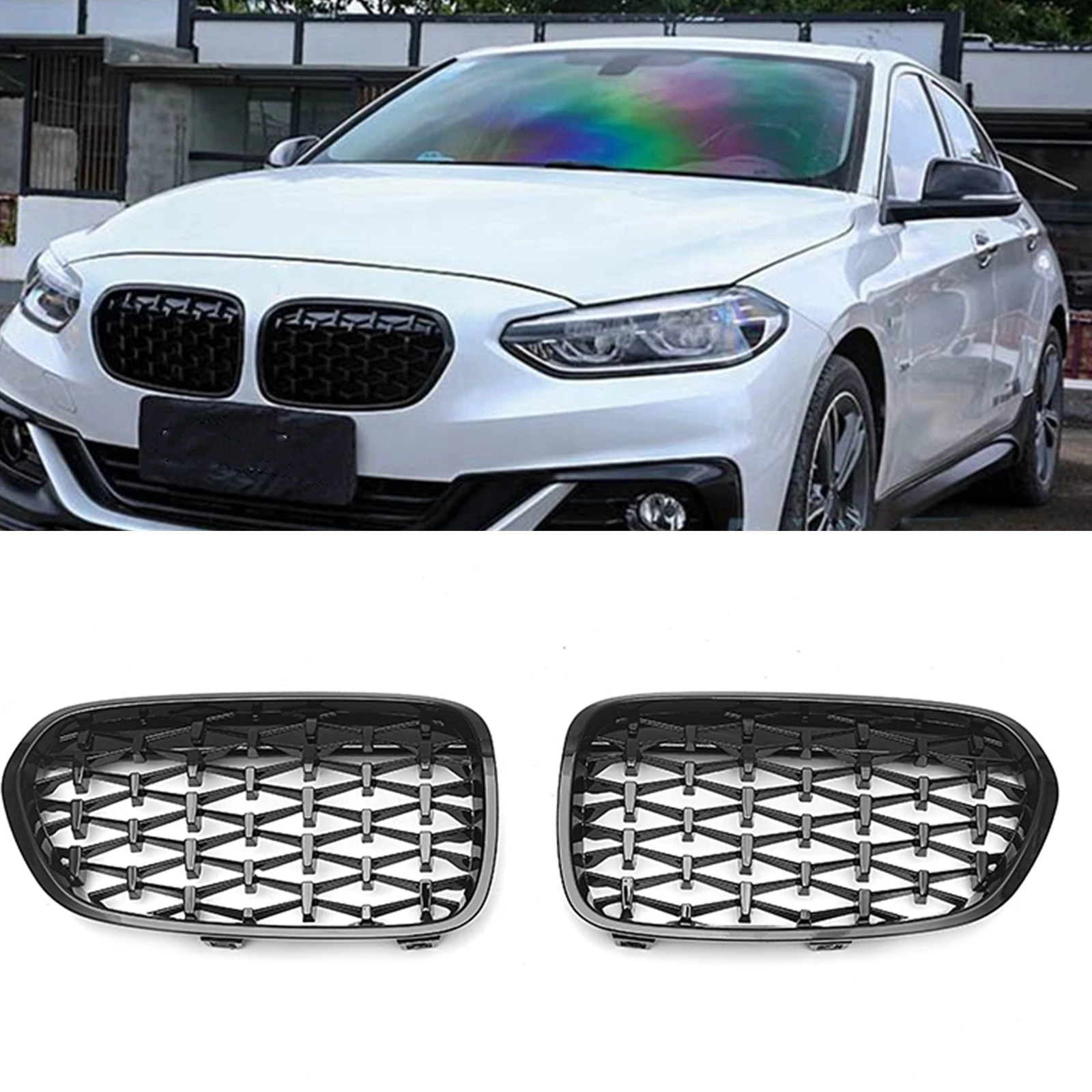 

Front Kidney Grille For BMW 1 Series F52 118i 120i 2018-2021 All Black Diamond Style Car Upper Bumper Hood Cover Mesh Grid Grill