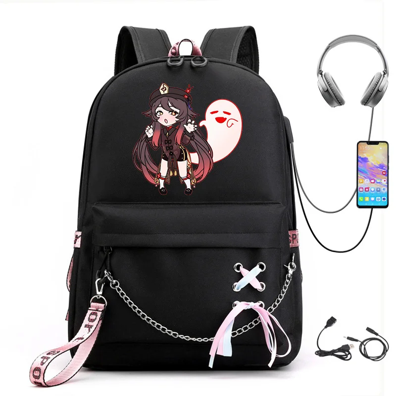 

Black Girl hool Bags for Teenage Backpack Women College Wind hoolBag Genshin Impact Hu Tao Anime Female High Student Bookbag