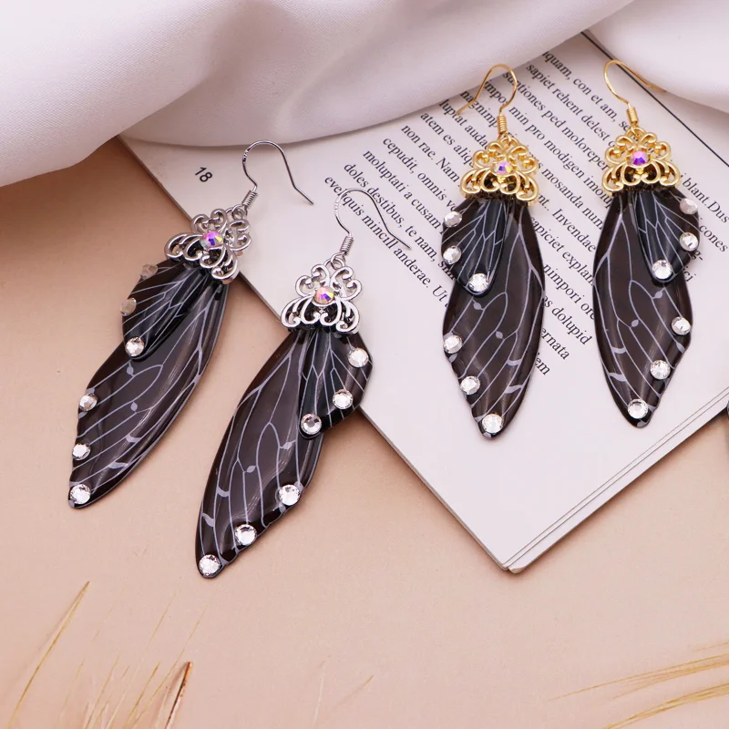Fashion Handmade Femme Wing Drop Earrings Purple Resin Fairy Cicada Wings Earrings Rhinestone Purple Earrings Vintage Jewelry images - 6