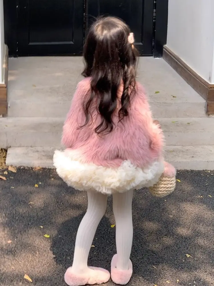 Корейский комплект детской одежды осень-зима 2024 новый розовый меховой топ для