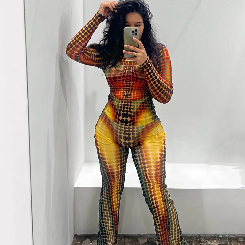 

Woman 2pcs Suit geometric Polka Dot Printed Long Sleeve T-shirt+Flare Pant Tracksuit S-L 2Color