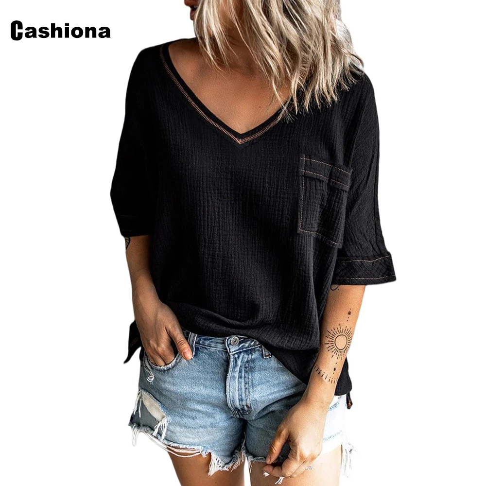 Half Sleeve Women Cusual Beach Shirt Blusas Sexy Basic Tops Black Green Pullovers 2022 Summer New Vintage Cotton Linen Blouse