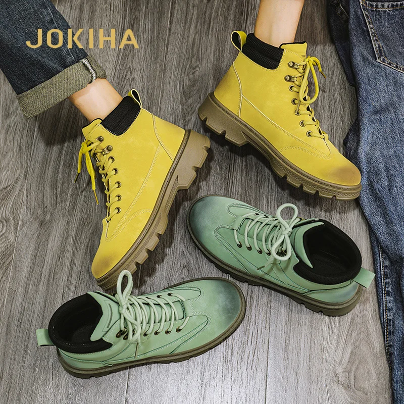 

Мужские ботинки на толстой подошве, зеленые ботильоны в стиле ретро, армейские ботинки, мотоциклетные ботинки для инструмента, желтая обувь...