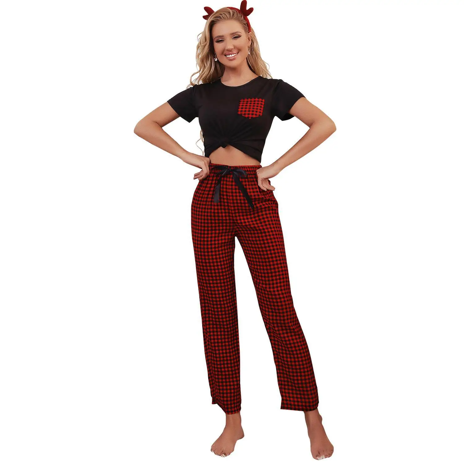 Women Girls Christmas Pajamas Lovely Sleepwear Short-Sleeve Spring WInter Pyjamas Set Plaid Dyed Round Neck Nightwear