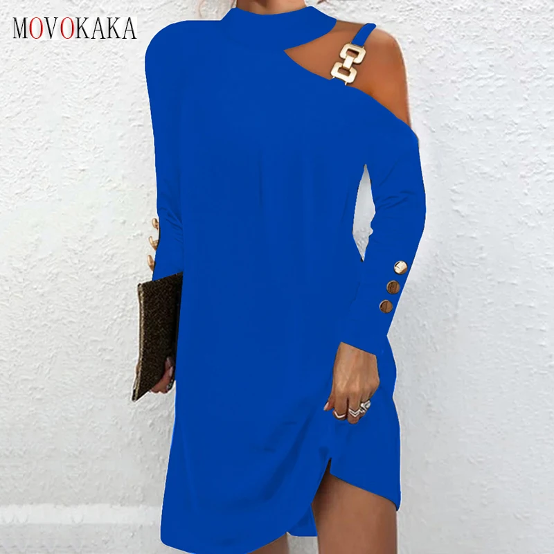

MOVOKAKA Ladies Sexy Off Shoulder Mid Dress Blue Sequined Long Sleeve Buttons Vestidos Female Party Elegant Casual Women's Dress