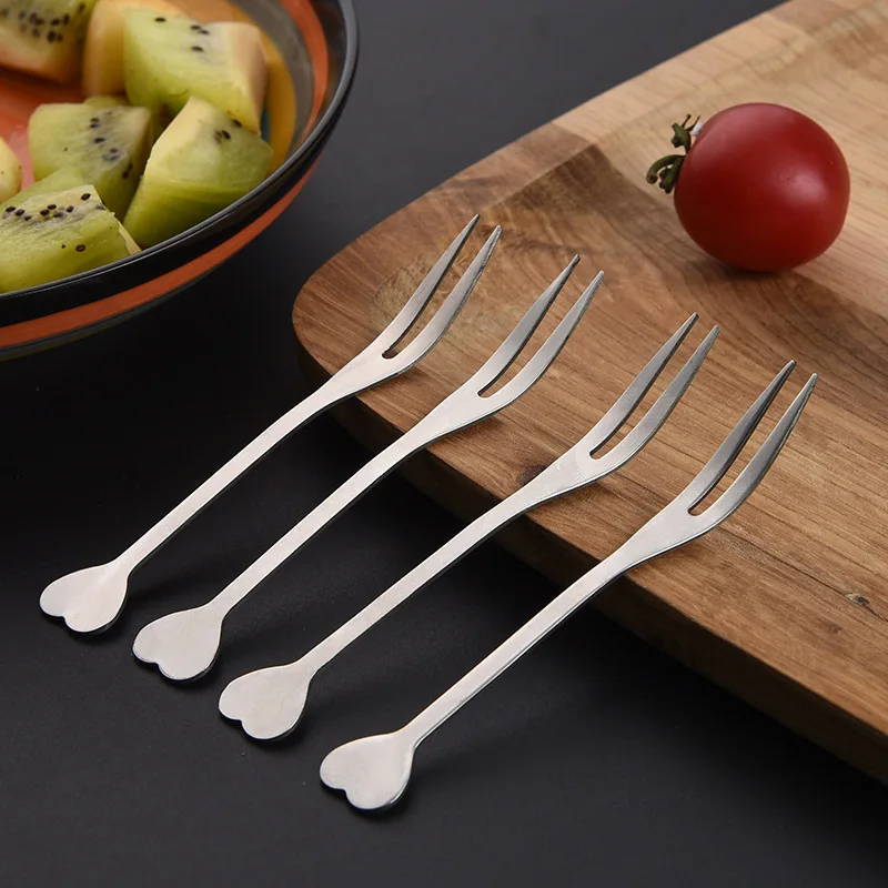 

10Pcs Love-type Stainless Steel Fruit Fork Household Fruit Pick Two-tooth Wear-resistant Cake Snack Kitchen Supplies