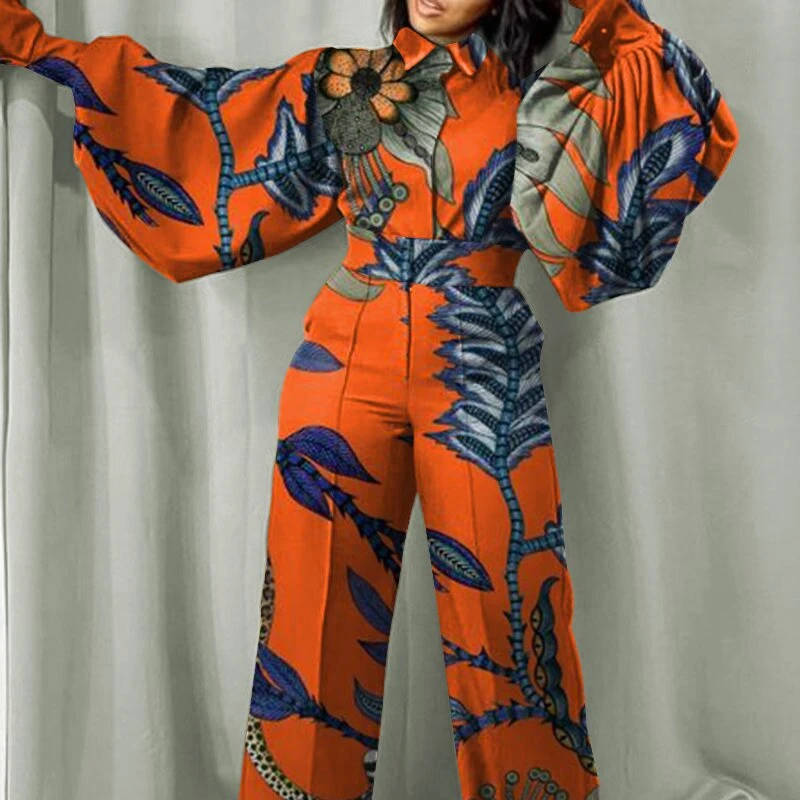 Africa Official Picture Orange Print High Waist Large Size Single Breasted Pullover Slim Jumpsuit