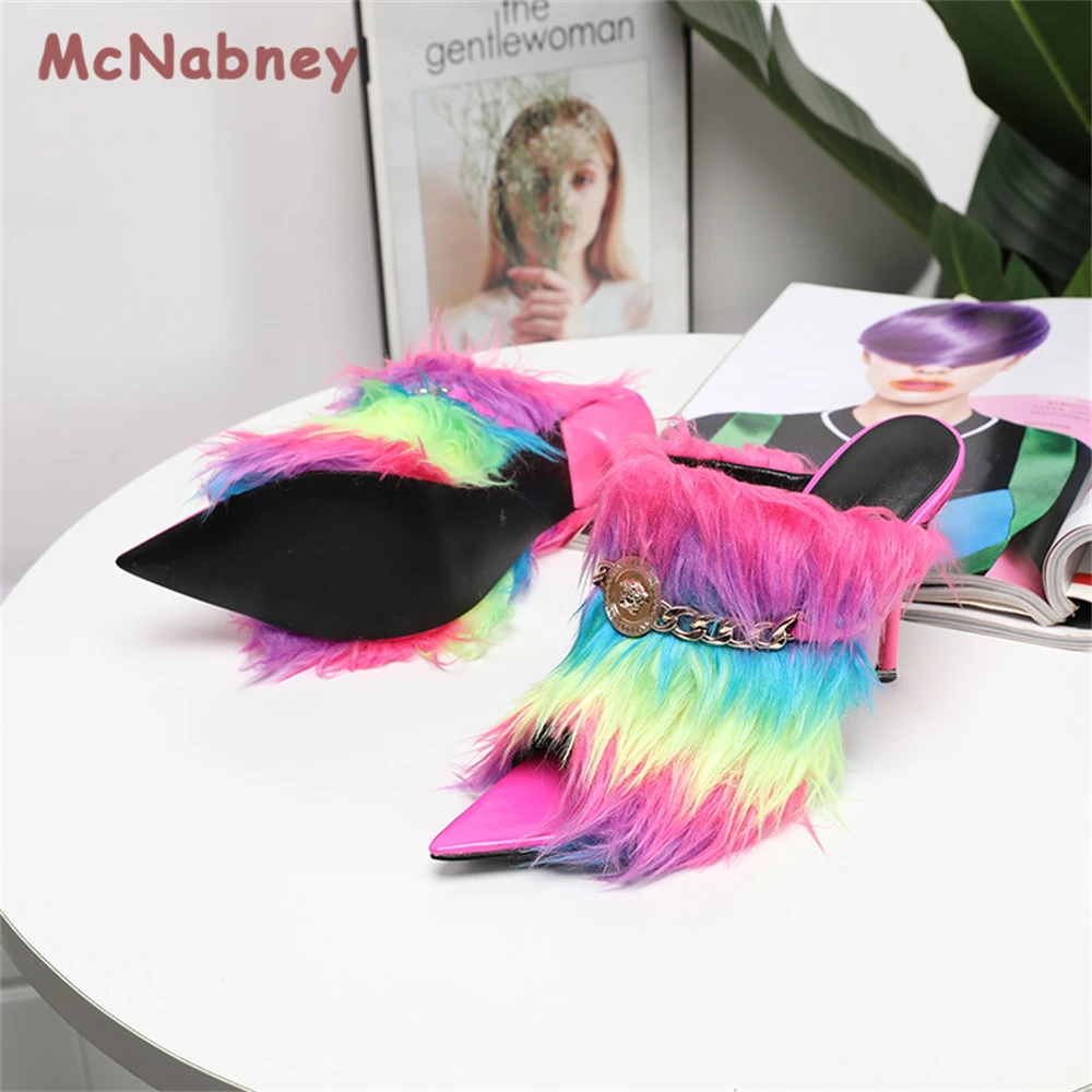 Summer Women Fur Slippers Fluffy Fur Slippers Metal Buckle Sandals Outdoor Flip Flops Fashion Thin Heels Rainbow Fluff Shoes