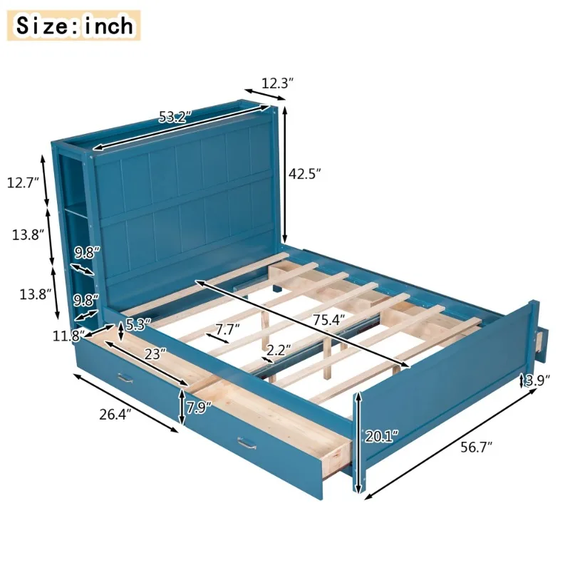 Wood Full Platform Bed with Storage Headboard Shelf and Drawers for Room, Blue 5