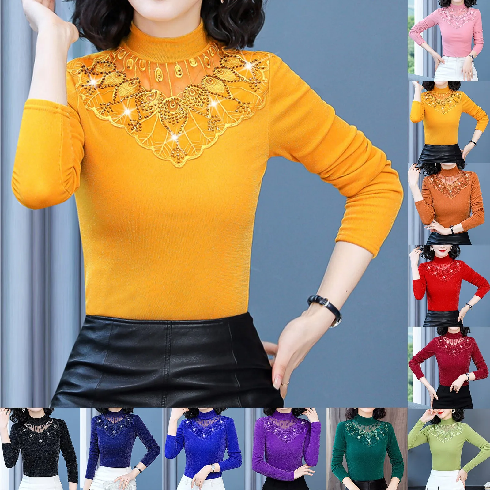 

Женская Повседневная Блестящая футболка с длинным рукавом и кружевом