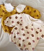 txlixc infant baby girl boys fall romper long sleeve ruffles peter pan collar flowers bear printed jumpsuit 2 colors