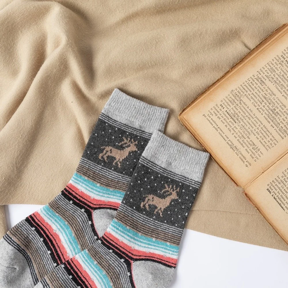 2022 Autumn and Winter New Thicken Warm Rabbit Wool Socks Ethnic Style Colorful Christmas Gifts Striped Deer Casual Women Socks