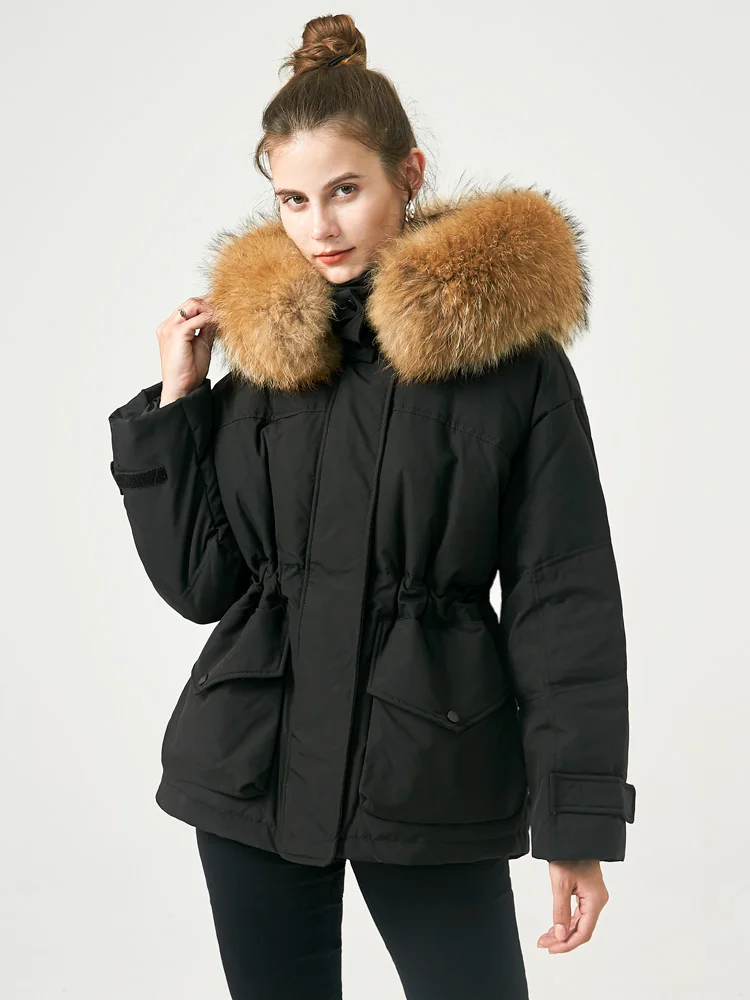 Janveny Waterproof Winter Women's Puffer Jacket 90% White Duck Down Coat Female Thicken Warm Fluffy Parkas With Real Raccoon Fur