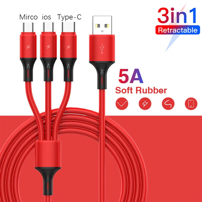 

3 in1 5A Fast Charging Data Cord Liquid Silicone Skin Cable Micro USB Type C Phone Charger For iPhone 11 12 13 Pro Max Xiaomi 9T