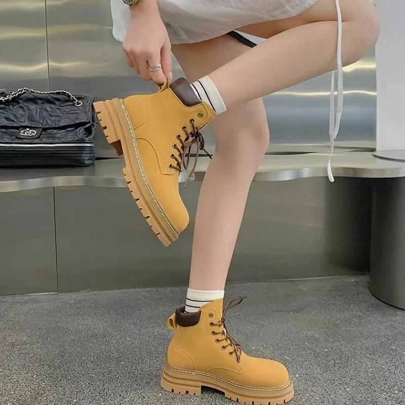 

Genuine Leather Martin Boots Women's Summer Platform Round Head Laced Up Fashion Anti-Slip Yellow Boots Zapatos De Mujer