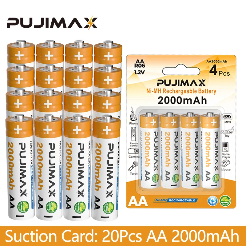 

PUJIMAX 20Pcs AA Rechargeable Battery Pack Reusable 1200 Times 1.2V Ni-MH 2000mAh For Flashlight Alarm Clock Camera Calculator