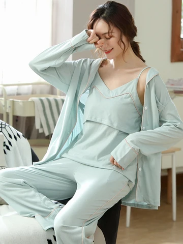 Мягкий пижамный комплект из трех предметов для беременных, камзол с контрастной отделкой, кардиган с длинными рукавами, брюки для послеродового кормящих женщин
