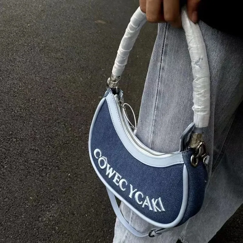 

Fashion Womens Bag Y2K Style Denim Shoulder Bag Sweet Korean Style Half Moon Handbag Embroidery Cross Bag For Womens 2023 Trendy
