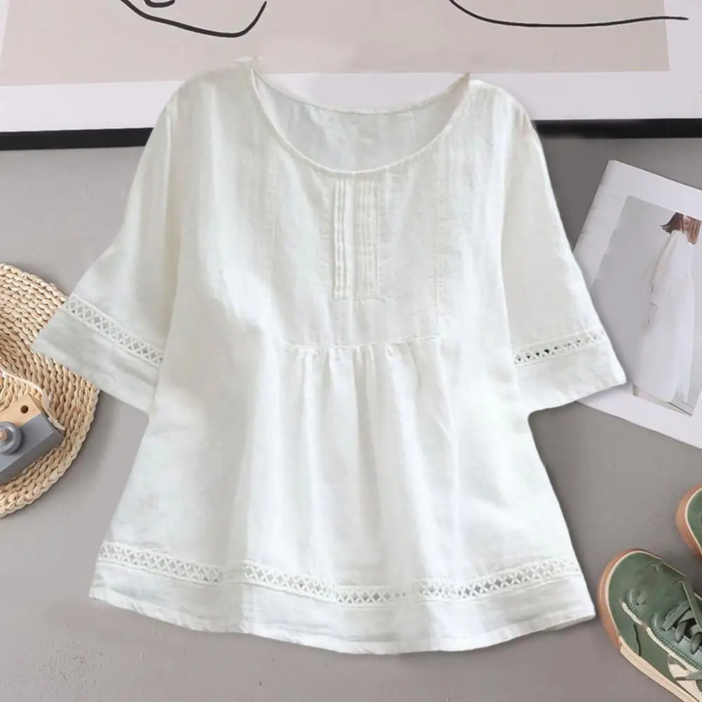 

Summer Blouse O-Neck Sweat Absorbing Lightweight Loose Fit Retro Pullover Blouse Casual Blouse Streetwear