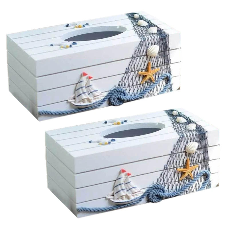 

2X Mediterranean Style Marine Series Tissue Box Cover Paper Home Decoration Toilet Paper Holder Wooden Tissue Box