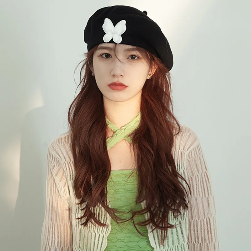 

2023 Korean Three-dimensional Butterfly Knitted Beret Women Summer Thin Sweet and Versatile Fashion Breathable Painter Hat Mujer