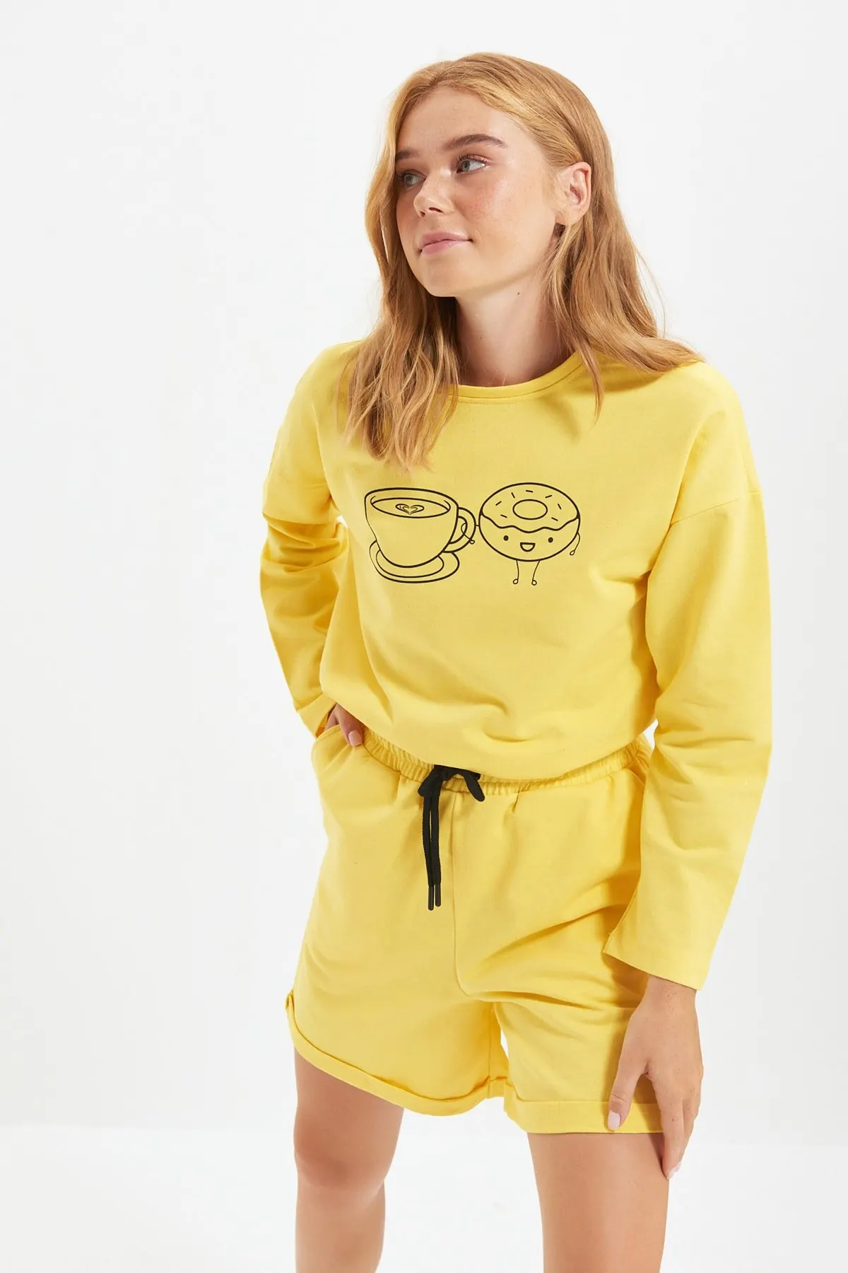 

Женская пижама, желтая пижама с принтом в стиле бойфренда, трикотажная пижама для сна и отдыха, ночное белье, костюм