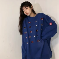 embroidery womens head print long sleeve harajuku round neck sweater japan cartoon animation blue casual loose pullover