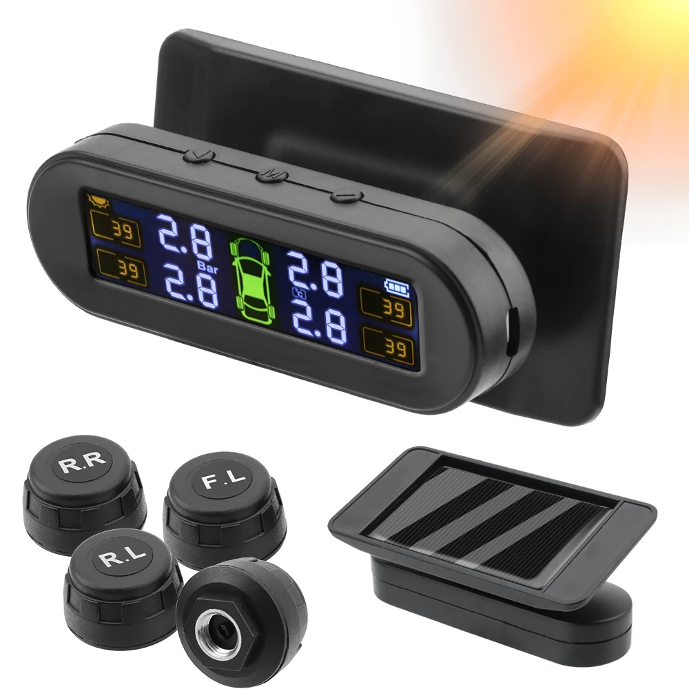 

Tire Pressure Monitoring System With 4 External Sensors Solar TPMS Car Tyre Pressure Monitor Temperature Warning Fuel Save