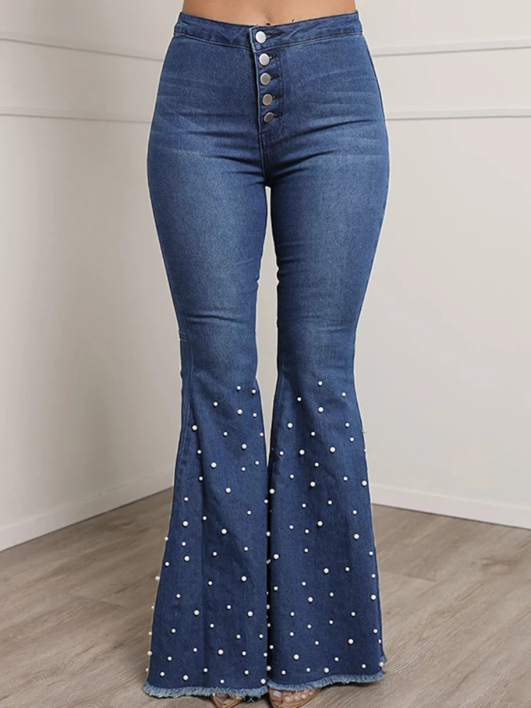 2022 New High-stretch Solid Color Jeans with Diamonds and Starry Fashion Casual Tight-fitting Comfortable Beaded Flared Trousers