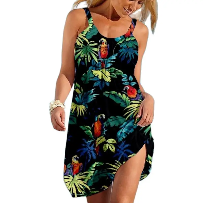 

Parrot Floral Strap Dress Women's Fashion Bohemian Sexy Beach Dress Summer Casual Women Dress Midi Hem Sleeveless Party Sundress