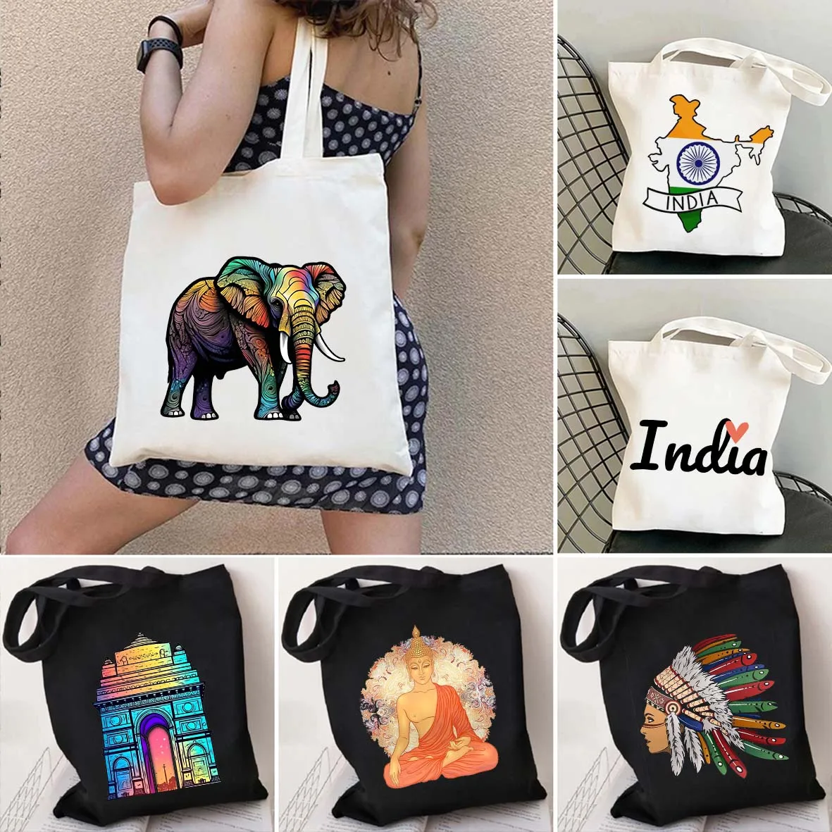 

India Flag Indian Map Colorful Rainbow Elephant Golden Buddha Mandala Shopping Shoulder Canvas Tote Bag Harajuku Shopper Handbag