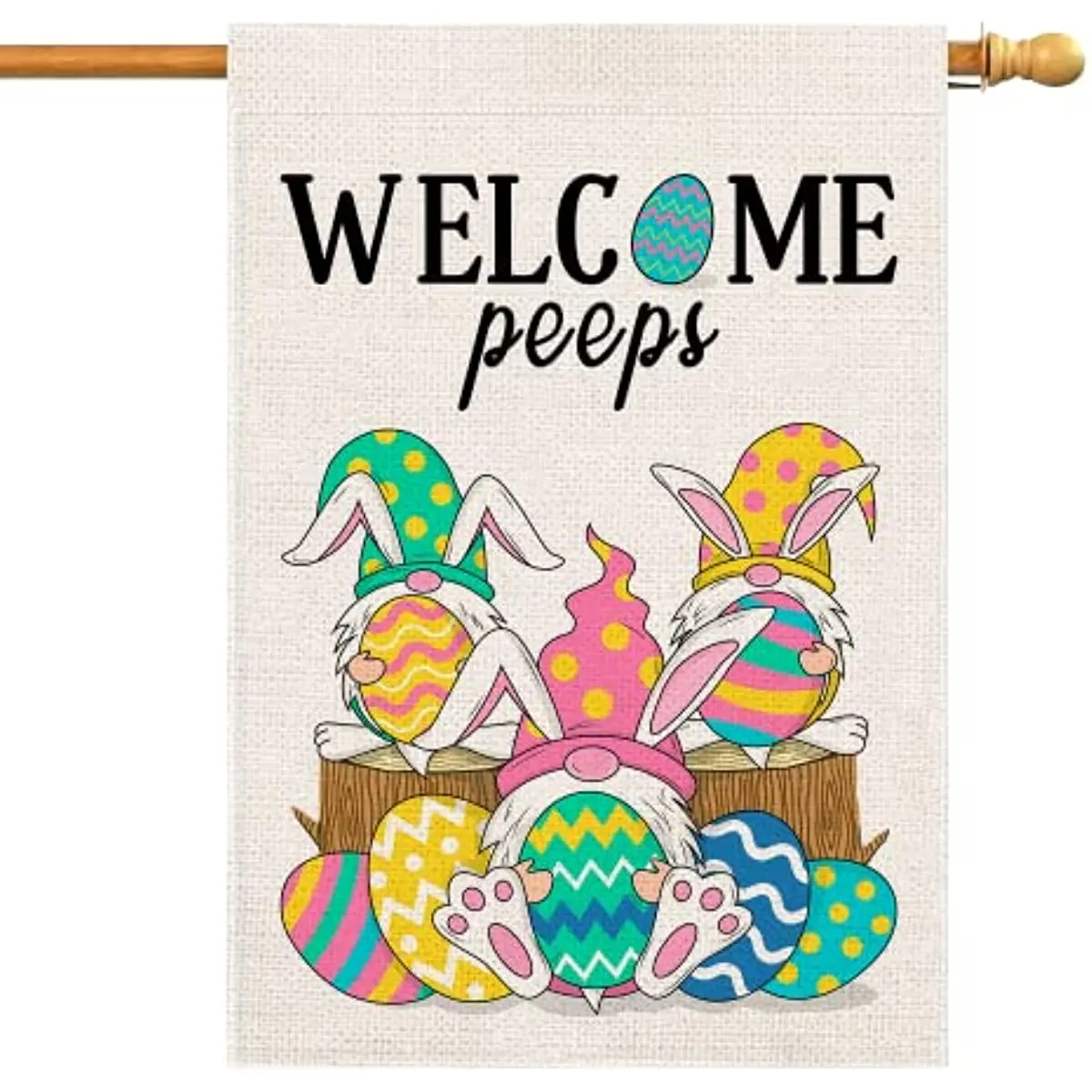 

Easter Flag Welcome Peeps Bunny Gnomes Easter House Flags, Large Burlap Yard Flag,Spring Gnomes Eggs Rabbit