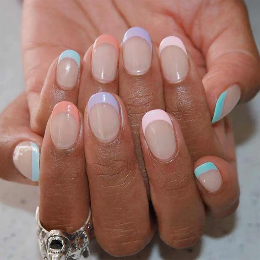 

24pcs/Box Detachable Candy Color French Round Head False Nails Wearable Fake Nails Full Cover Nail Tips Press On Nails