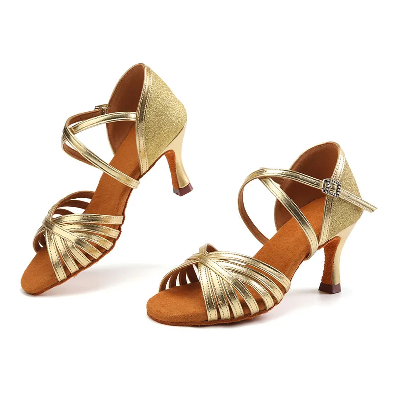HROYL Dance Shoes for Women Latin Ballroom Tango Dancing Shoes Silver Gold for Female 5 CM 7 CM Salsa Indoor Sandals for Dancing