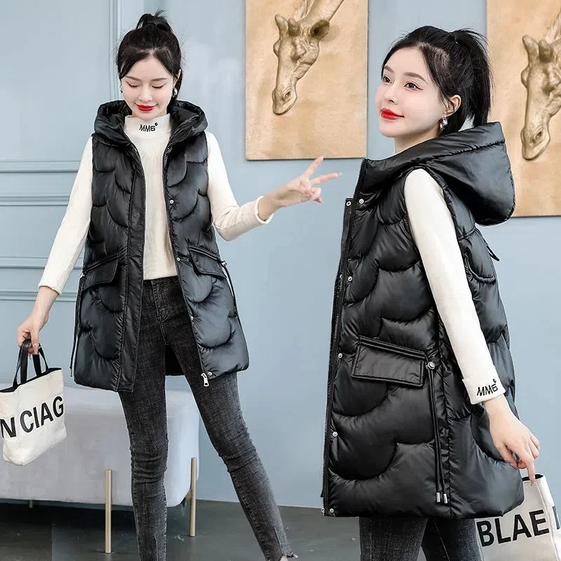 

2022 New Winter Long Vest Coat Women Jacket Fashion Warm Sleeveless Parkas Hooded Solid Loose Female Waistcoat Casual Outerwear