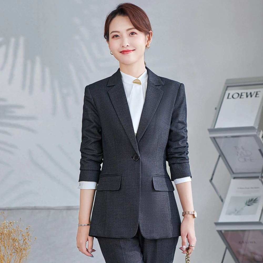 Formal Ladies Grey Blazer Women Business Suits with Skirt Jacket Sets Work Wear Office Uniform Dark Blue 2-piece Large Size Set