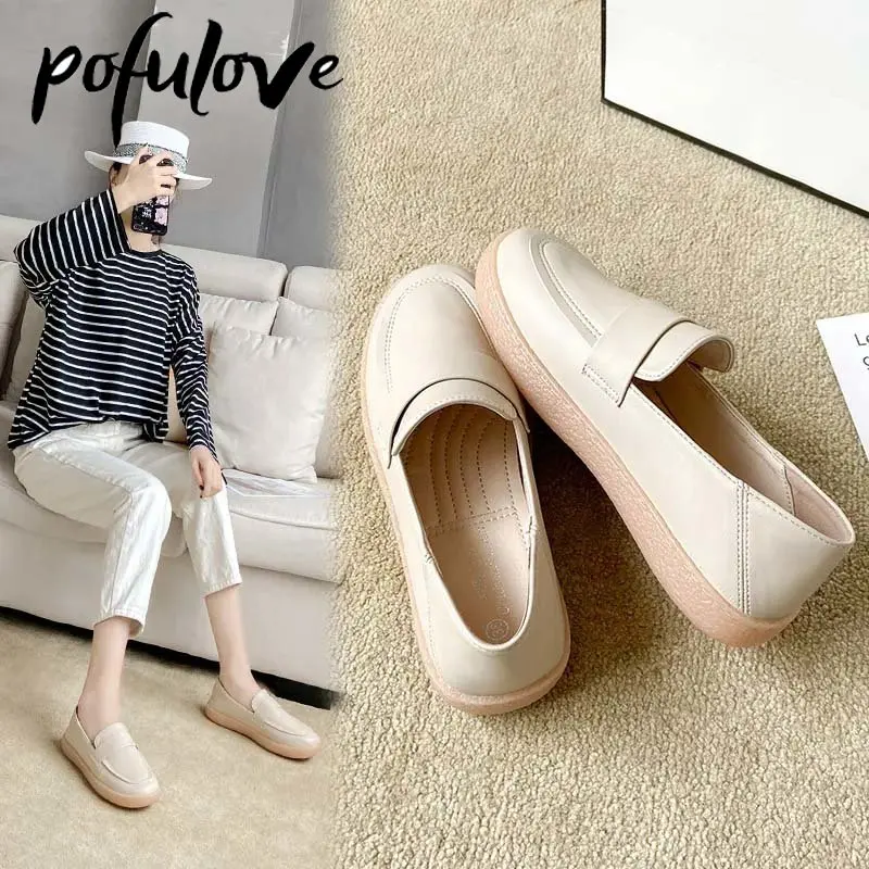 

Pofulove Женская обувь с простым плоским днищем весенняя и осенняя мягкая кожаная обувь с мягким дном с низким и чистым круглым дном одноголовые туфли ретро удобные и комфортабельные