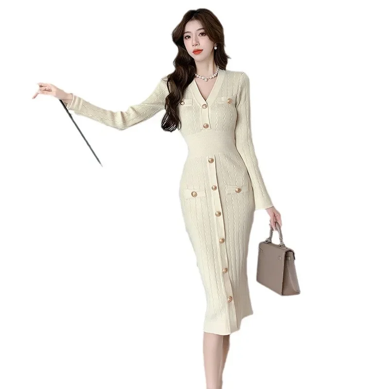 Трикотажное однобортное платье в социалистском французском стиле из твида