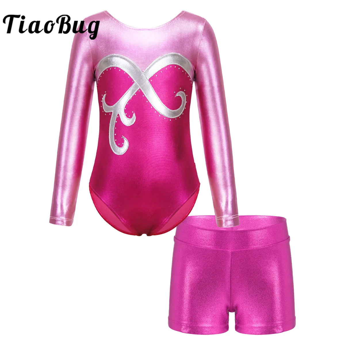 

Kids Girls Ballet Sets Long Sleeve Bronzing Cloth Gymnastics Workout Leotard Metallic Bodysuit with Shorts Outfits Dance Costume