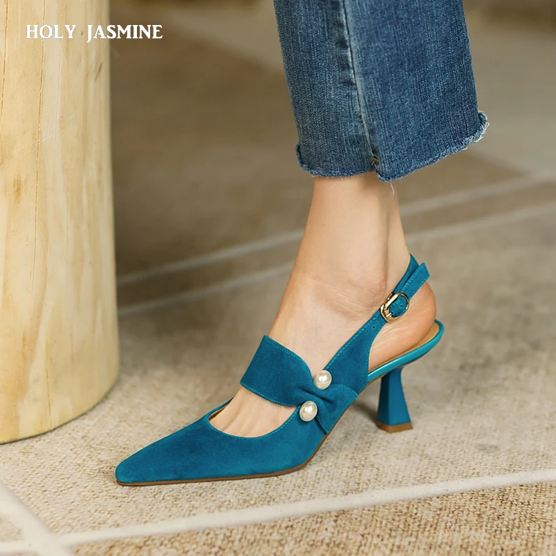 Party Prom Women Slingbacks Pumps 2022 Summer New Kid Suede Sandals Fashion Pointed Toe High Heels Shoes Woman Heels for Women