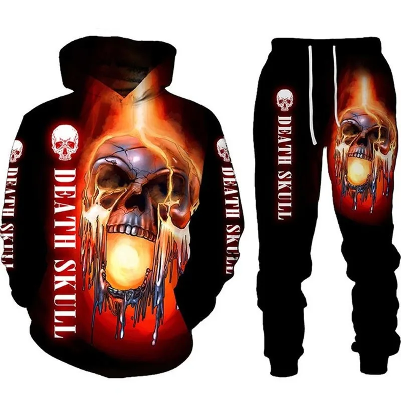 Autumn Winter Men Tracksuit Sets Skulls Letter Printed Hoodie Outfit Hip HOP Clothing Sweatshirts Pants 2Piece Hooded Sport Suit