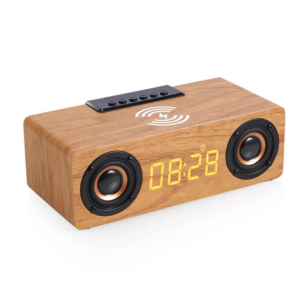 Wood Bluetooth Speaker Alarm Clock Wireless Charger Speaker Multi-function Subwoofer for Computer Speakers AUX