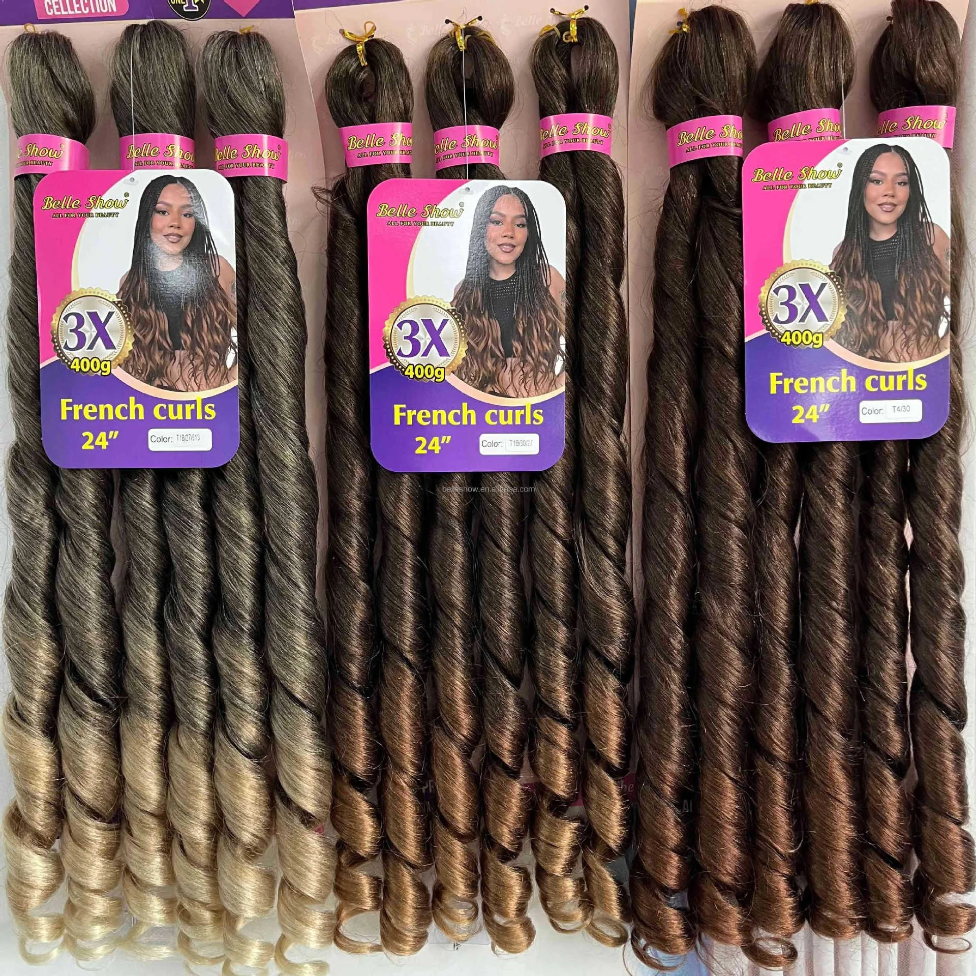 Синтетические волосы для плетения 3X French Curls, 24 дюйма, 400 гупаковка, предварительно растянутые, свободная волна, для косичек, бокс-брейдов, крючкового плетения (art.: 3920da24799aa) - 3920da24799aa