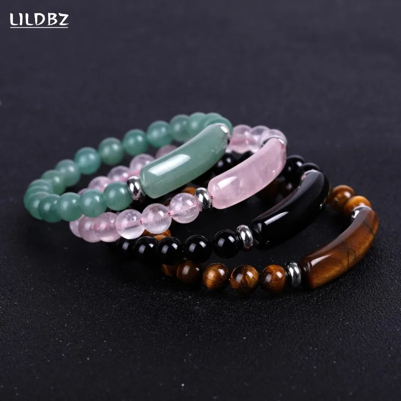 

Natural Stone Elastic Bracelet Aura Healing Pink Spar Green Aventurine Tiger's eye Crystal Rectangular Long Bracelet for Women