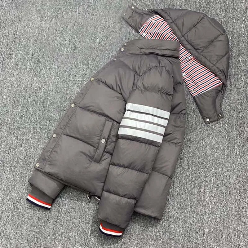 Winter Men's Down Jacket Grey Fashion Brand White Striepd Design Down Jacket Male Hooded Windbreaker Down Parkas Outerwear
