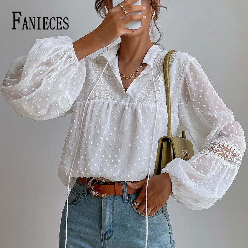 

FANIECES Puff Sleeve White Women Blouse Pullover Tops Elegant Lace Embroidery Shirt French Casual Streetwear chemises et blouses