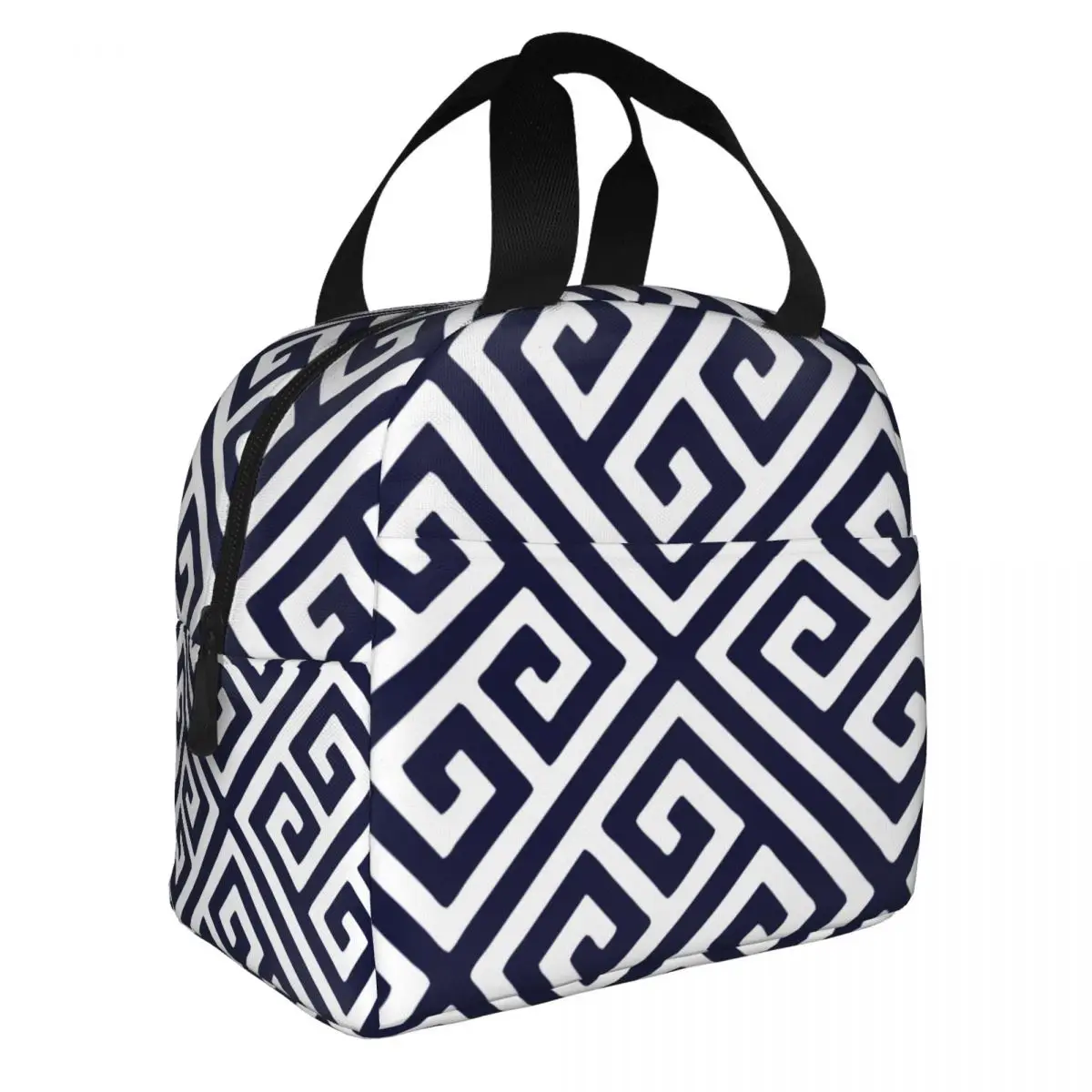 Lunch Bag for Women Kids Greek Key Navy Blue And White Diagonal Thermal Cooler Portable Picnic Travel Oxford Tote Handbags